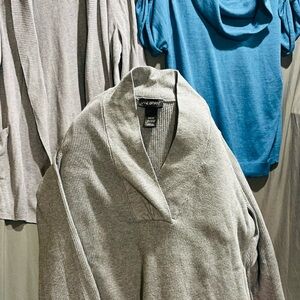 Lane Bryant Women’s gray sweater and lightweight cardigan and turquoise cowl